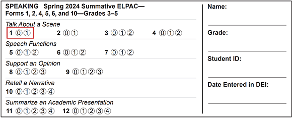 Sample Speaking domain student score sheet with item number one indicated.