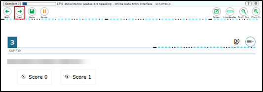 Data Entry Interface screen showing the first item to be scored with the Next button indicated.