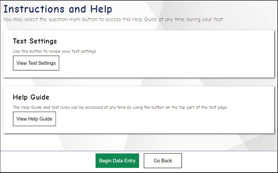 Instructions and Help screen with Begin Data Entry and Go Back buttons.