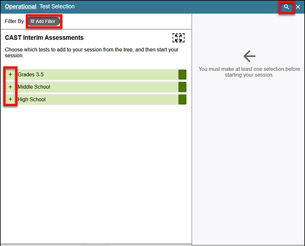 Operational Test Selection screen within the Test Administrator Interface, with the Add Filter button, Plus buttons, and Search icon indicated. 