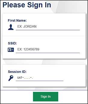 Please Sign In screen with fields for first name, SSID, and session ID.