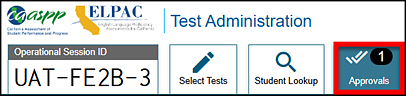 Students Awaiting Approval portion of the Test Administrator Interface with the approvals button called out.