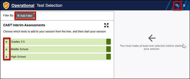 Operational Test Selection screen within the Test Administrator Interface, with the Add Filter button, Plus buttons, and Search icon indicated. 