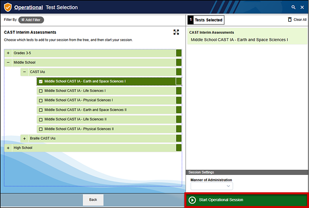 Operational Test Selection screen with the Start Operational Session button called out.