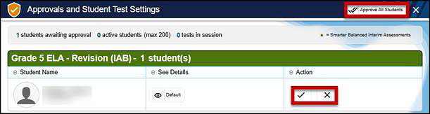 Approvals and Student Test Settings screen with the Approve and Deny buttons called out.