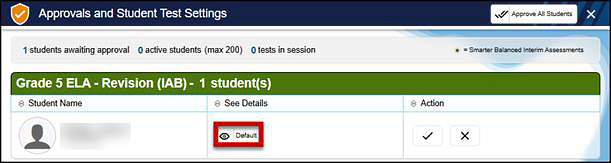 Approvals and Test Settings screen, with the View icon called out in the See Details column.