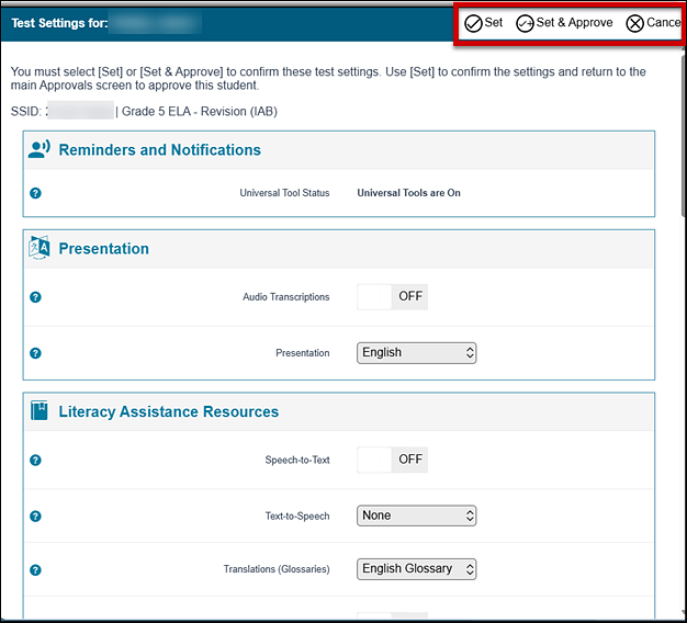 Test Settings screen for a sample student.