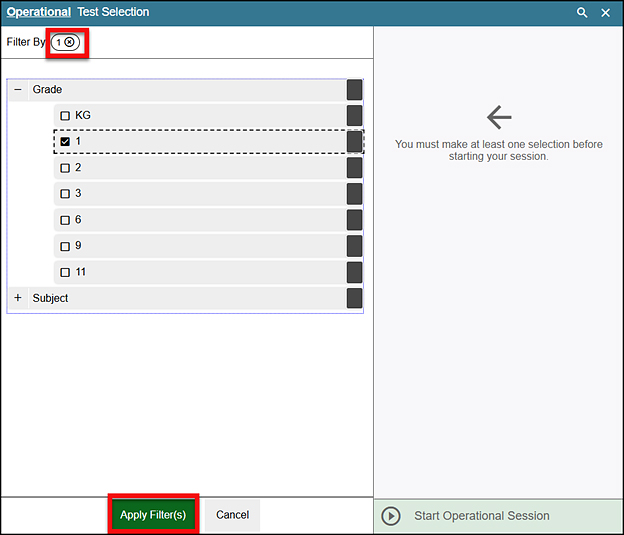 The filter panel, filtered for Grade 1, with the Remove Filter icon and the Apply Filter(s) button indicated.