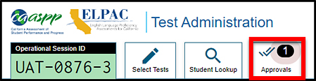 Students Awaiting Approval portion of the Test Administrator Interface with the Approvals button called out.