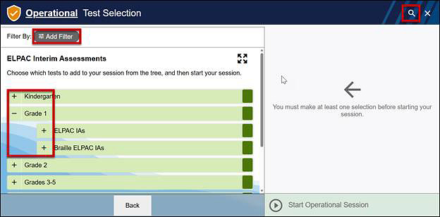 Operational Test Selection screen within the Test Administrator Interface, with the Add Filter button, plus and minus, and Search indicated. 