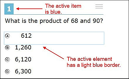 Overview of elements for multiple-choice and selected-response items with callouts for active items and active elements.