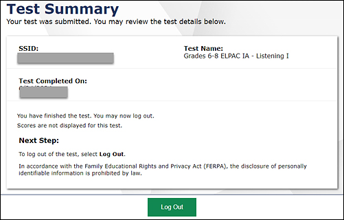 Test Summary confirmation screen.