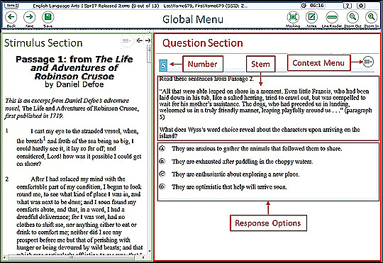 A sample item page, with the following features called out: global menu, stimulus section, question section; the question section includes the item number, stem, context menu, and response options.