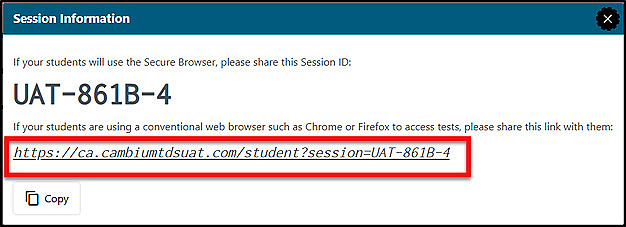 Test Administrator Interface window, with the Session Information window visible, and an example Session ID link called out.