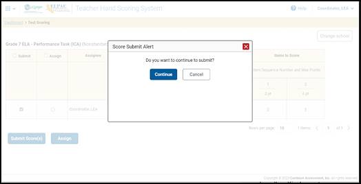 Score Submit Alert message box.