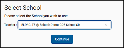 Select School screen for test examiners with a drop-down lists for Teacher.