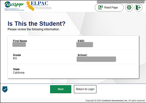 Is This the Student? screen showing student information and the Next and Return to Login buttons.