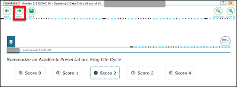 Data Entry Interface screen showing the last item to be scored, with the Next button indicated.