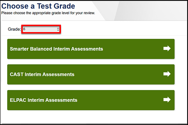 Choose a Test Grade screen with the Grade drop-down list called out and results for the grade level shown.