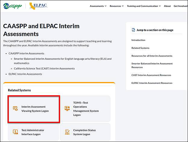 CAASPP and ELPAC Interim Assessments web page with the Interim Assessment Viewing System Logon button called out.