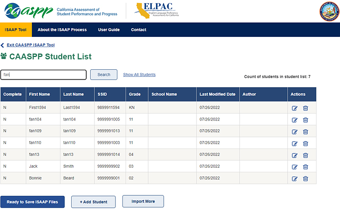 Student List web page with the Search box indicated