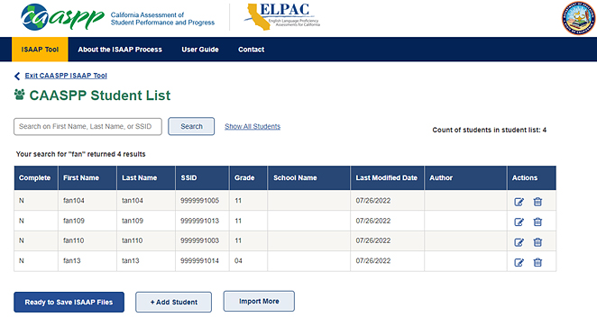 Student results on the Student List web page after selecting Search button on the Student List web page