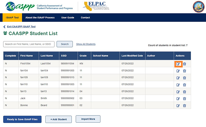 Student List web page with the Edit Student icon indicated in the table's Actions column 