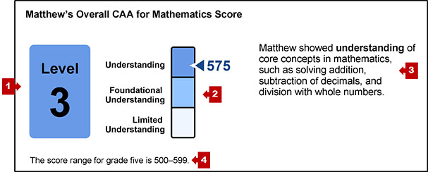 The section on an SSR with the student's overall content-area score and callouts indicating the achievement level, a measurement gauge, a performance summary, and statement of score ranges.