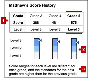 The section on an SSR with the student's score history and callouts indicating the score history table, achievement level measurement gauges, and score ranges description.
