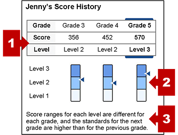 The section on an SSR with the student's score history and callouts indicating the score history table, achievement level measurement gauges, and score ranges description.