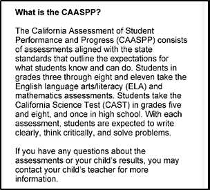 A description of the CAASPP and the SSR's content-area assessments on the first page of an SSR.