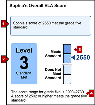 The section on an SSR with the student's overall content-area score and callouts indicating the tested standard performance statement, achievement level, a measurement gauge, and statement of score ranges.
