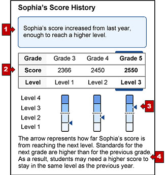 The section on an SSR with the student's score history and callouts indicating the progress summary, score history table, achievement level measurement gauges, and achievement description.