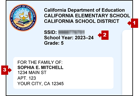 Top of page 1 of an SSR with callouts pointing to the student's school, enrollment information, and name and mailing address.