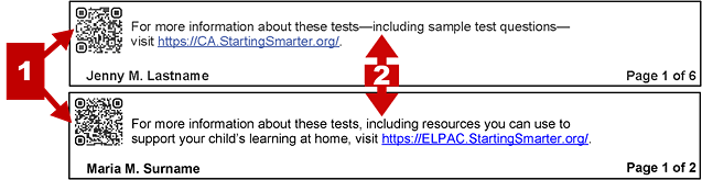 Bottom of the CAASPP and ELPAC SSRs with callouts pointing to QR codes and information about the Starting Smarter website on both samples.