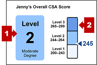 The section on an SSR with the student's overall CSA score and callouts indicating overall achievement level and a measurement gauge with a scale score.