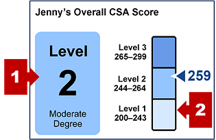 The section on an SSR with the student's overall CSA score and callouts indicating overall achievement level and a measurement gauge with a scale score.