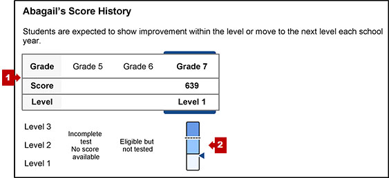 The section on an SSR with the student's score history and callouts indicating the score history table, achievement level measurement gauges, and score ranges description.