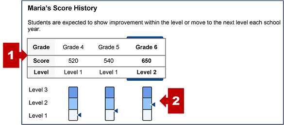 The section on an SSR with the student's score history and callouts indicating the score history table, performance level measurement gauges, and score ranges description.