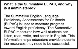 A description of the Summative ELPAC and its standards on the first page of an SSR.
