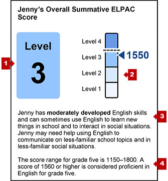 The section on an SSR with the student's overall core and callouts indicating the performance level, a measurement gauge, a performance summary, and statement of score ranges.