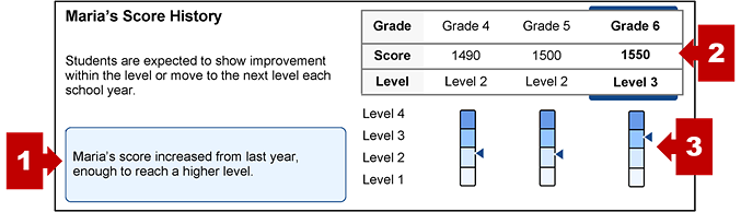 The section on an SSR with the student's score history and callouts indicating the progress summary, score history table, and performance level measurement gauges.