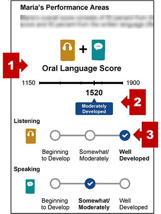 Performance areas section on an SSR with callouts indicating the name of the composite, student's score and performance level for the composite, and a bar graph indicating domain performance.