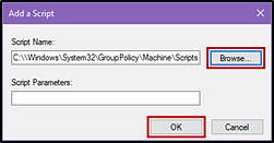Add a Script dialog box with the Browse... and OK buttons indicated