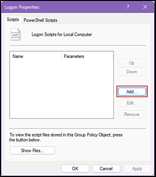 Logon Properties dialog box with the Add... button indicated.