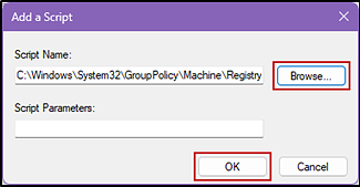 Add a Script dialog box with the Browse... and OK buttons indicated.