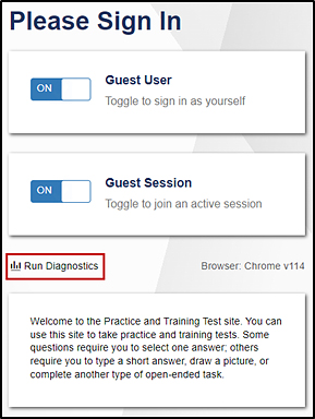 Top section of the Practice and Training Tests website with the Run Diagnostics link indicated