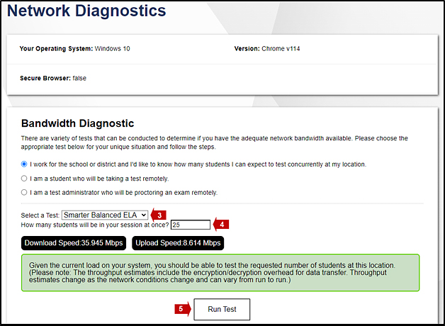 Bandwidth Diagnostic section of the Network Diagnostics screen with callouts indicating the test drop-down list, number of students, and Run Test button