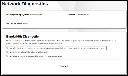 Network Diagnostics screen with the 'I work for the school or district' radio button indicated.