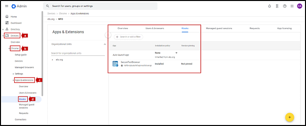 Admin screen with the Devices, Chrome, Apps & extensions, and Kiosks items indicated on the left and the Kiosks tab indicated in the Apps & Extensions section on the right